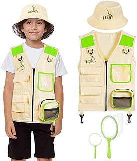 BSBUY Kit de Exploration Enfant, 4Pcs Kit de Aventurier Extérieur avec Gilet de Safari, Chapeau, Filet à Papillon, Loupe, Équipement de Explorateur Extérieur, Cadeau de Jouets Exploration pour Enfant