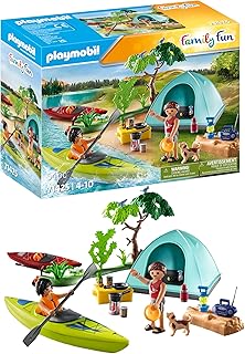Playmobil 71425 Famille et Tente - Family Fun - des Vacances partagées dans la Nature - Comprend Deux Personnages, Deux canoës, Une Tente, Un feu de Camp et des Accessoires - Dès 4 Ans